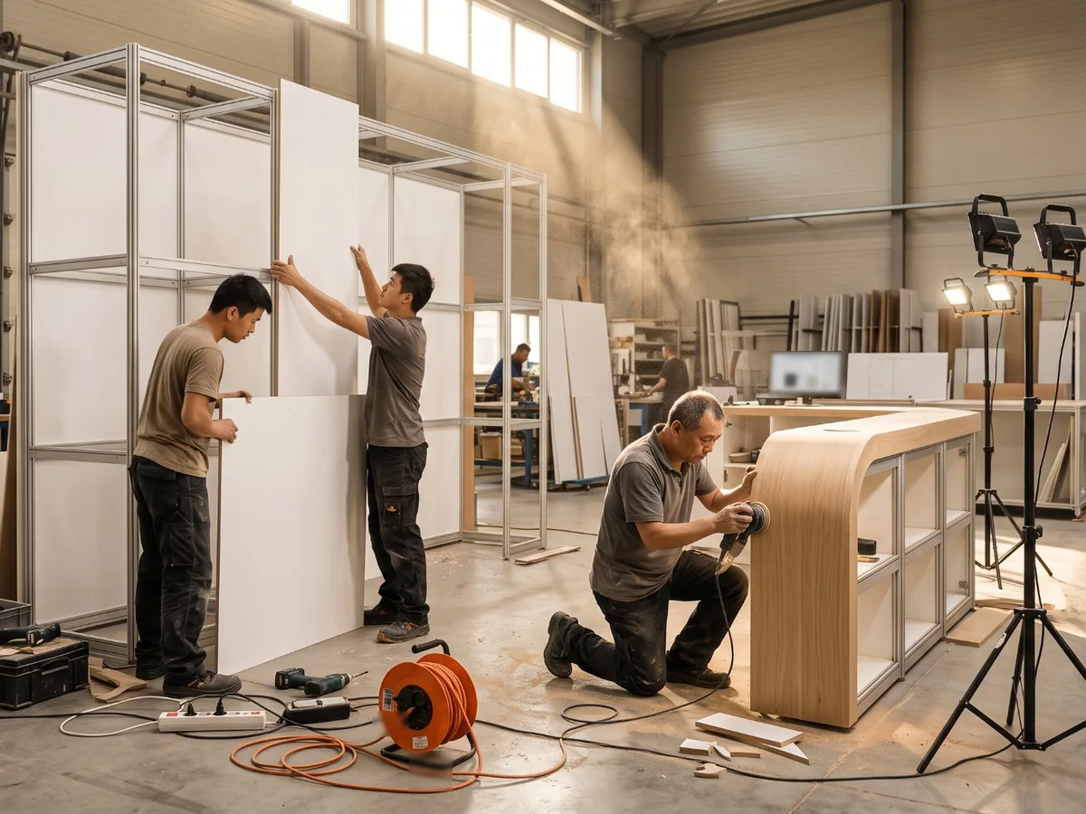 Workers assembling exhibition stand walls and a wooden counter in a workshop