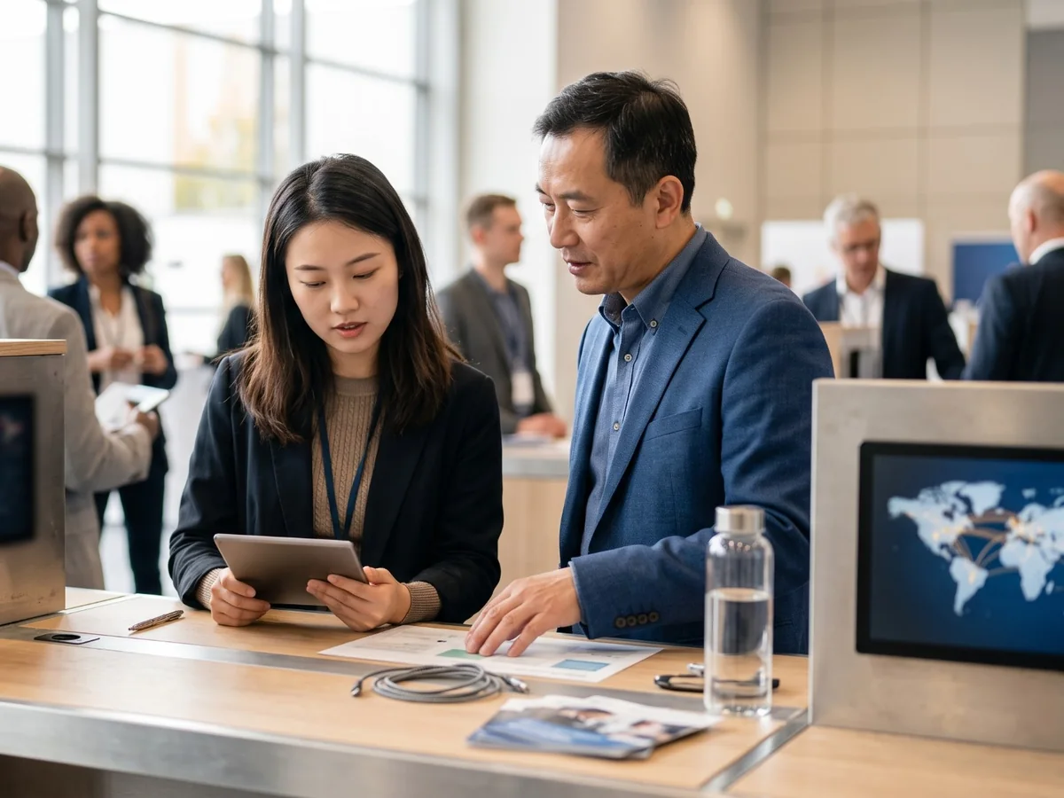 Two business people reviewing a tablet at a meeting counter at a trade fair