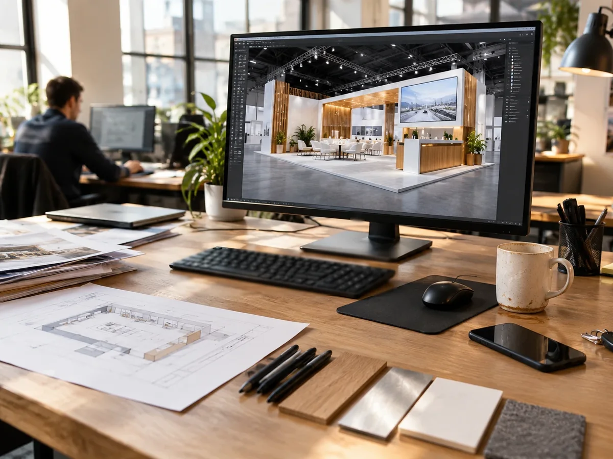 Designer's desk with a 3D stand design on the screen, a floor plan and material samples