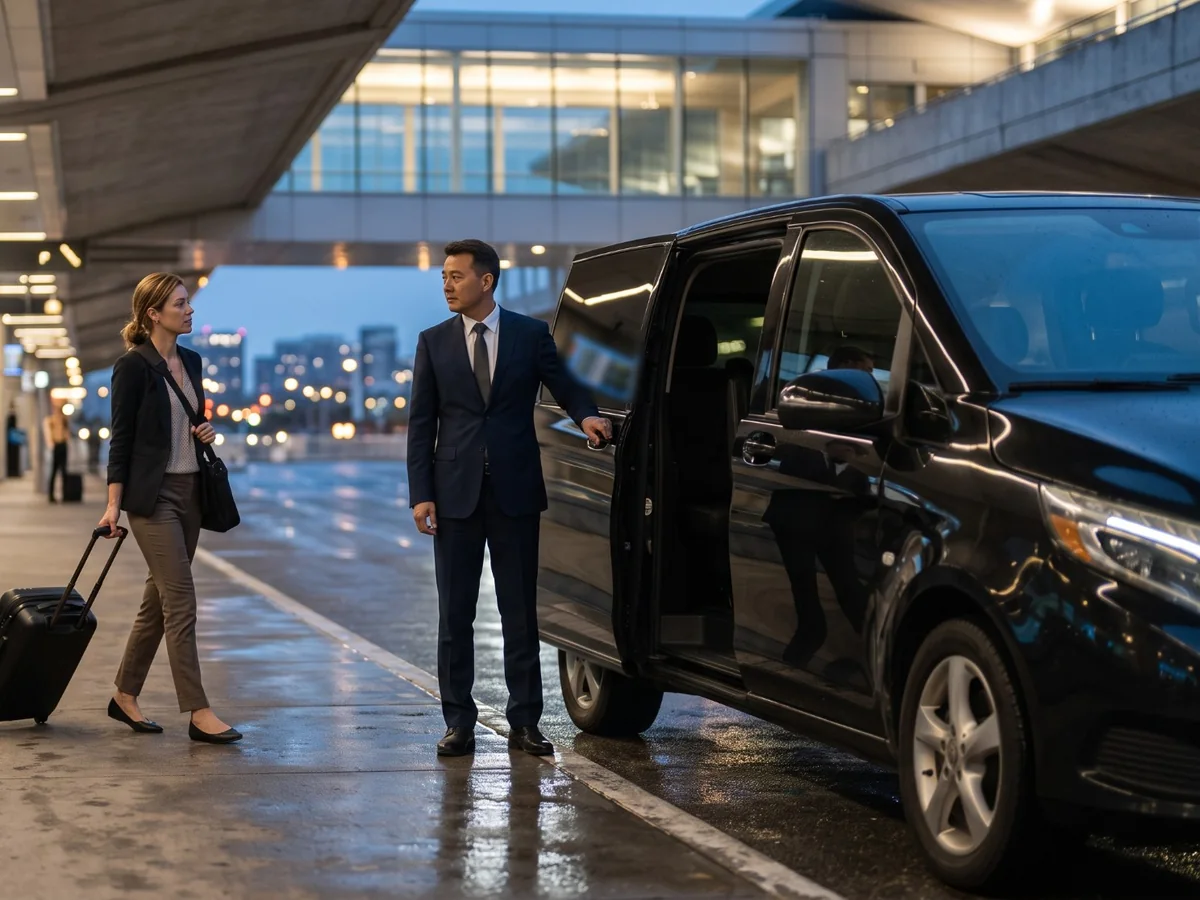 Driver opening a van door for a traveller with a suitcase at an airport
