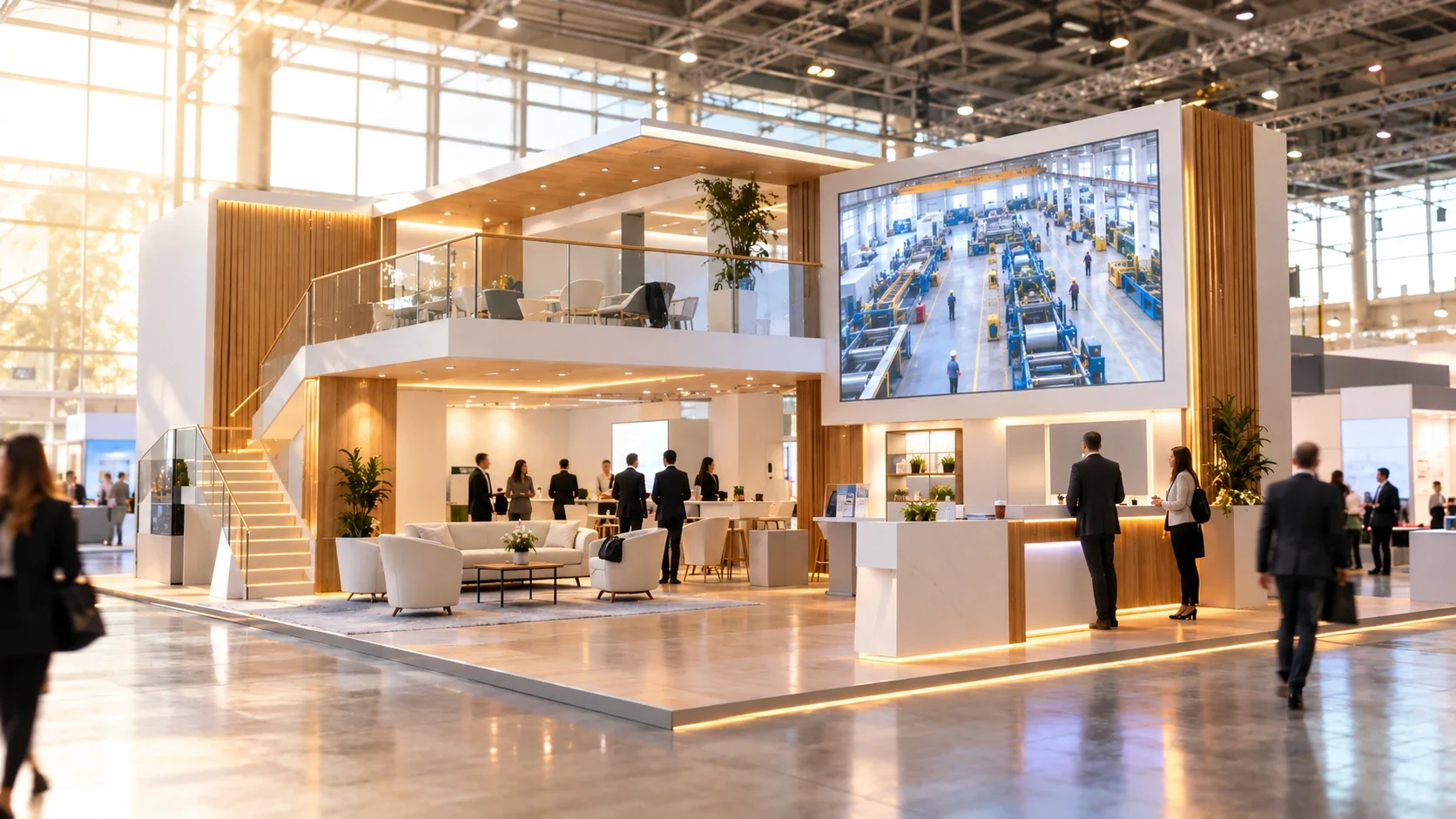 Modern two storey exhibition stand with a wooden counter in a bright trade fair hall