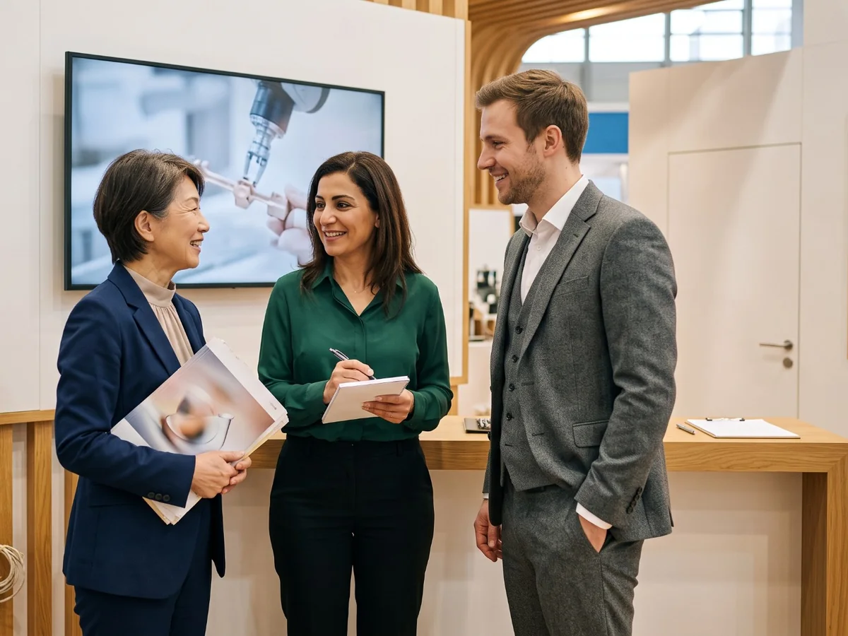 Three colleagues talking at an exhibition stand