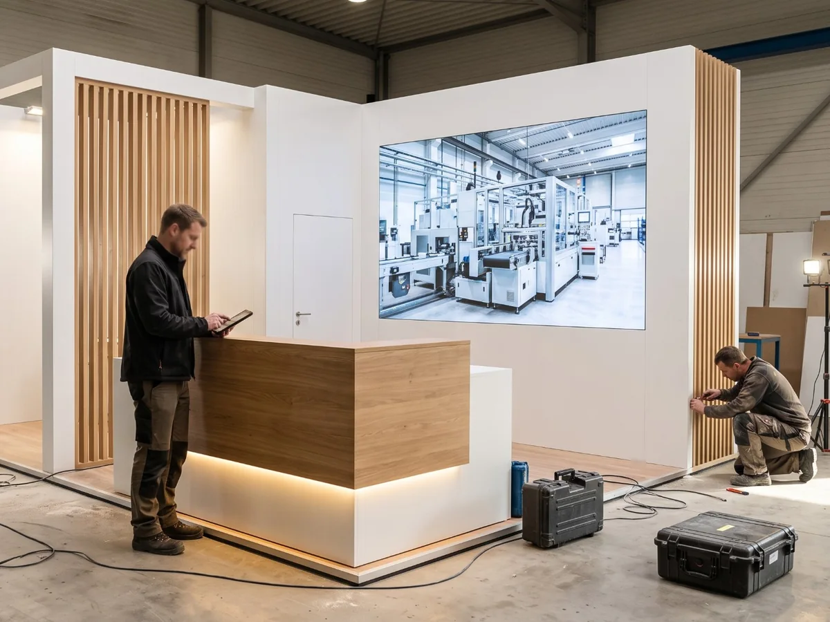 Finished exhibition stand with a wooden counter and a large screen